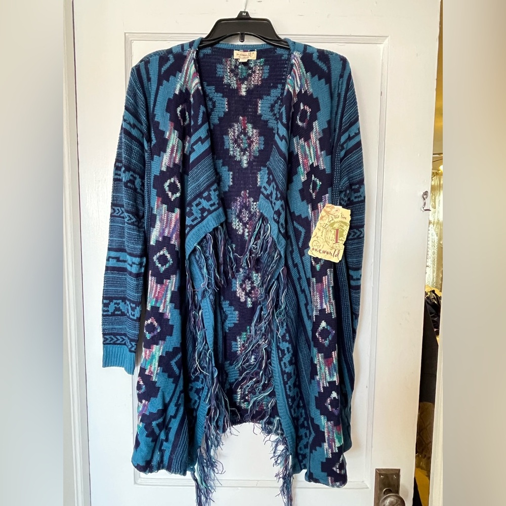 ONE WORLD Blue and Purple Patterned Sweater